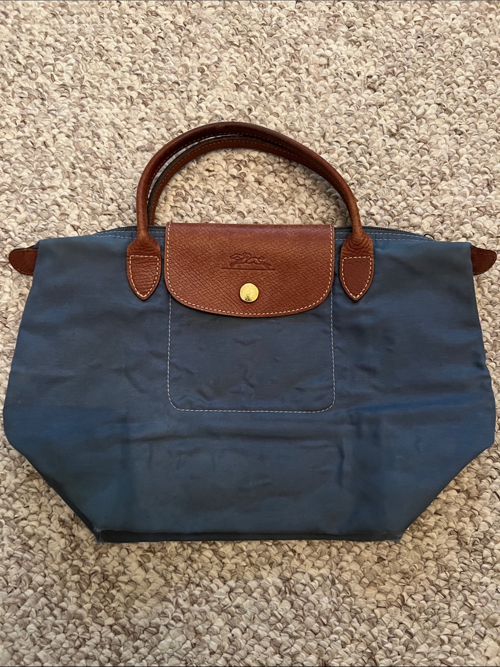 Longchamp Navy and Brown Small Le Pliage Top-Handle Tote